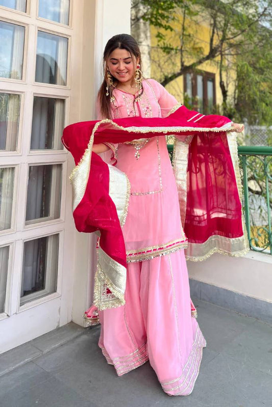 Siyara's Premium Zari Thread Embroidered Sarara Set.