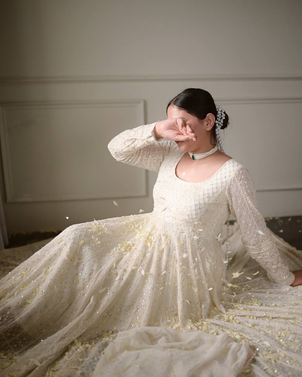 Jiya's New White Color Anarkali Suit Set.