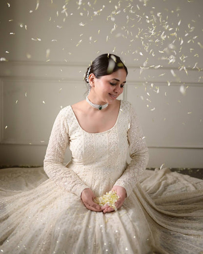 Jiya's New White Color Anarkali Suit Set.