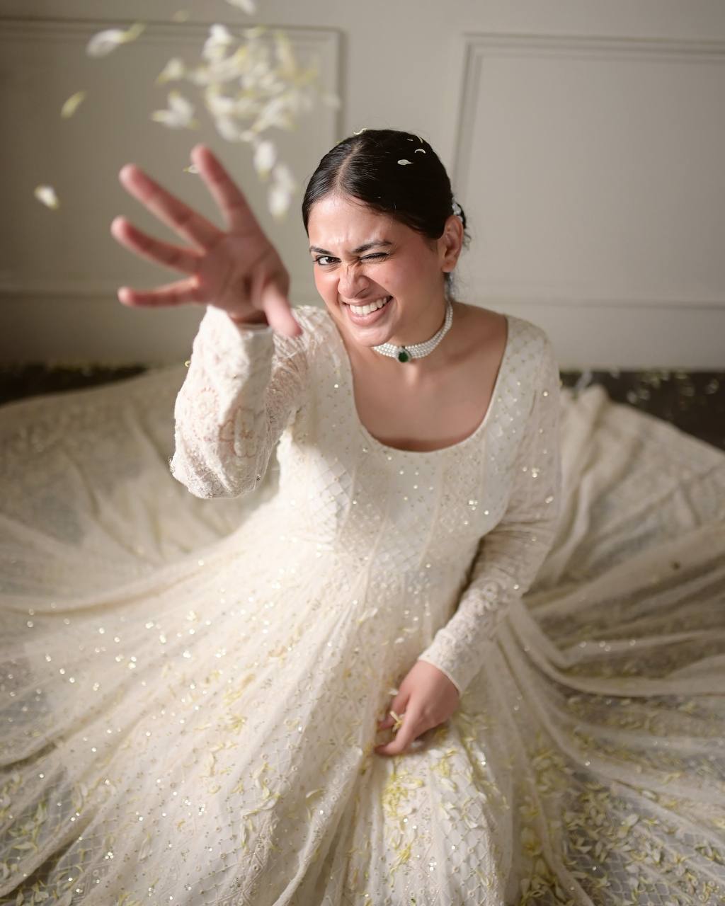 Jiya's New White Color Anarkali Suit Set.